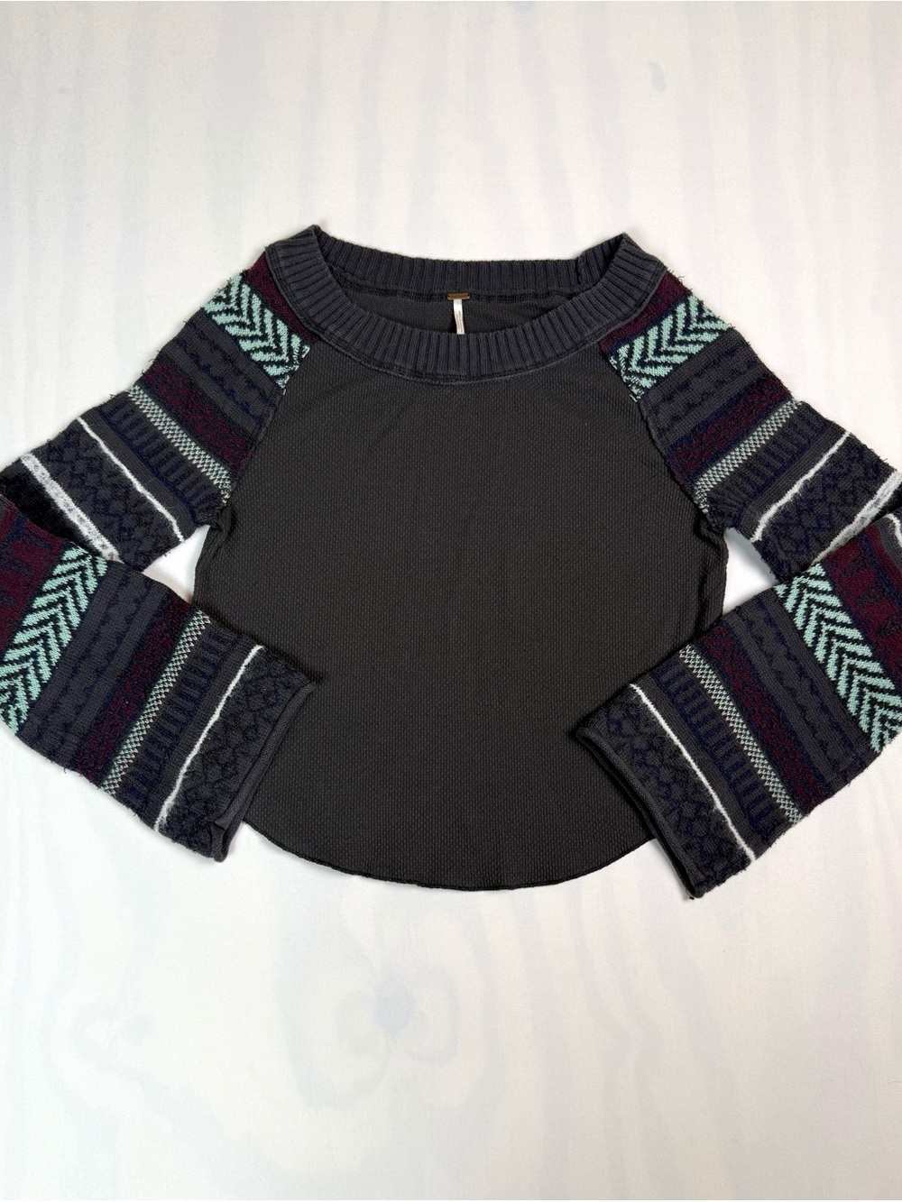 Free People Fairground Thermal Top Washed Black Fair Isle Long Sleeve Small